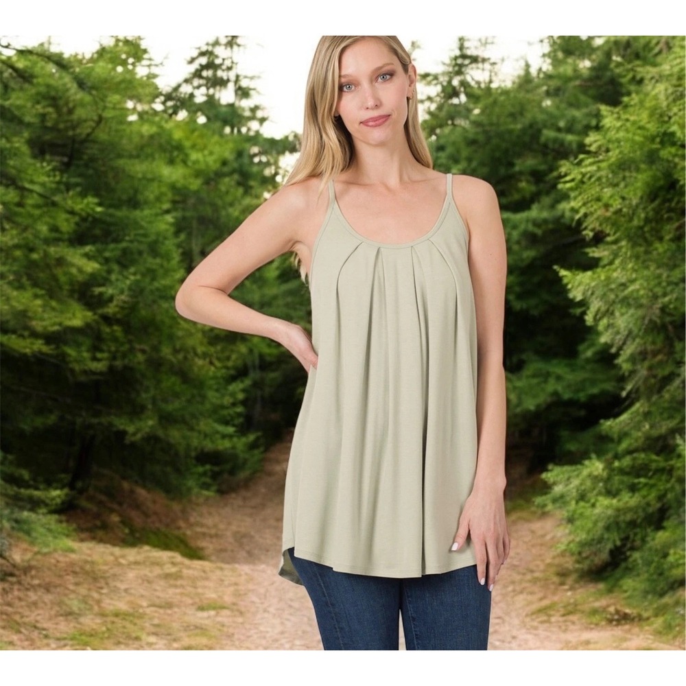 Zenana Womens Light Sage Green Pleated Scoop Neck Cami Tank Top RT-1867AB Large - Picture 11 of 11